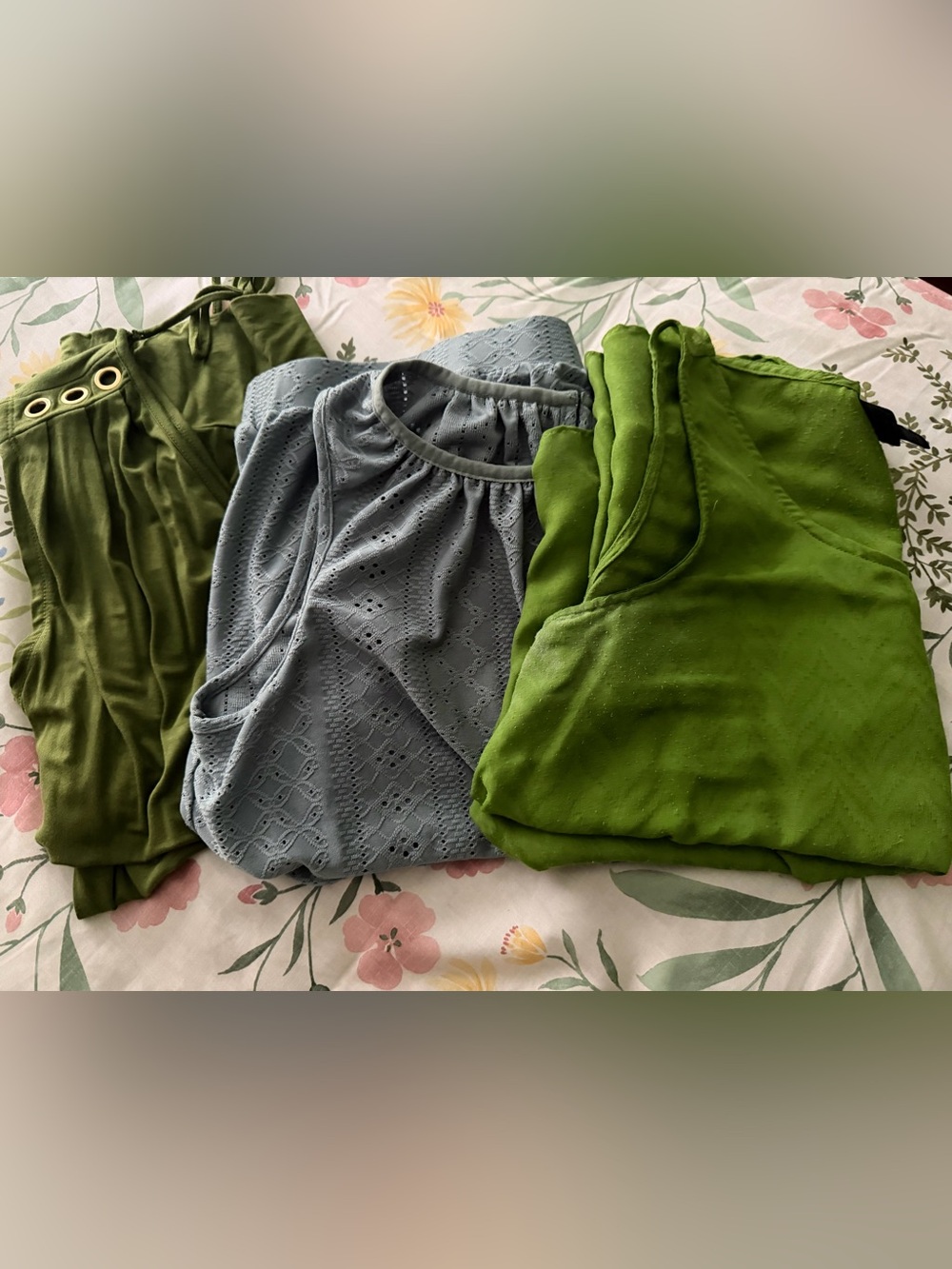 Three women’s sleeveless blouses, different shades of green, size M, like new!